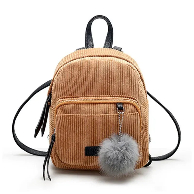 Cute Fashion Mini All-matched Big Fluffy Ball Pendant Pockets Canvas Backpacks For Young Girl - Image 6