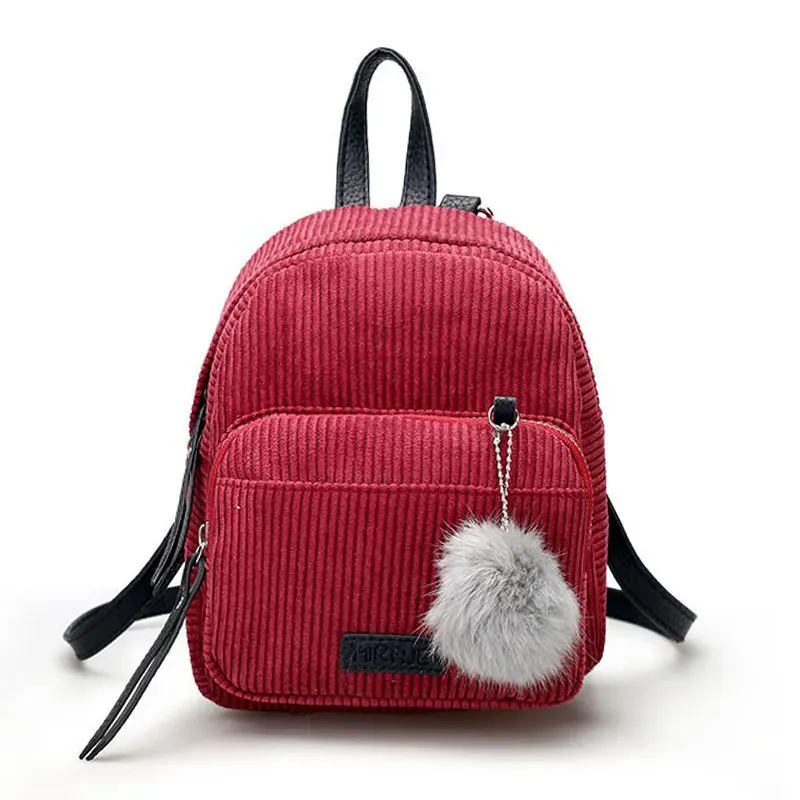 Cute Fashion Mini All-matched Big Fluffy Ball Pendant Pockets Canvas Backpacks For Young Girl - Image 9
