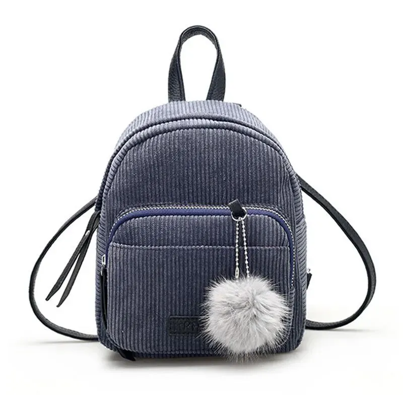 Cute Fashion Mini All-matched Big Fluffy Ball Pendant Pockets Canvas Backpacks For Young Girl - Image 12