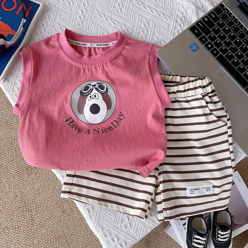 Wholesale Kids Toddler Boys Girls Casual Cute Cartoon Dog Alphabet Print Sleeveless Top Stripe Shorts Sets