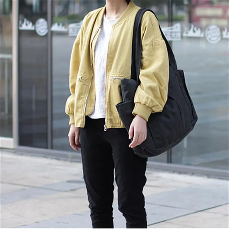 Women Solid Color Large Capacity Pocket Canvas Tote Bag - Image 3