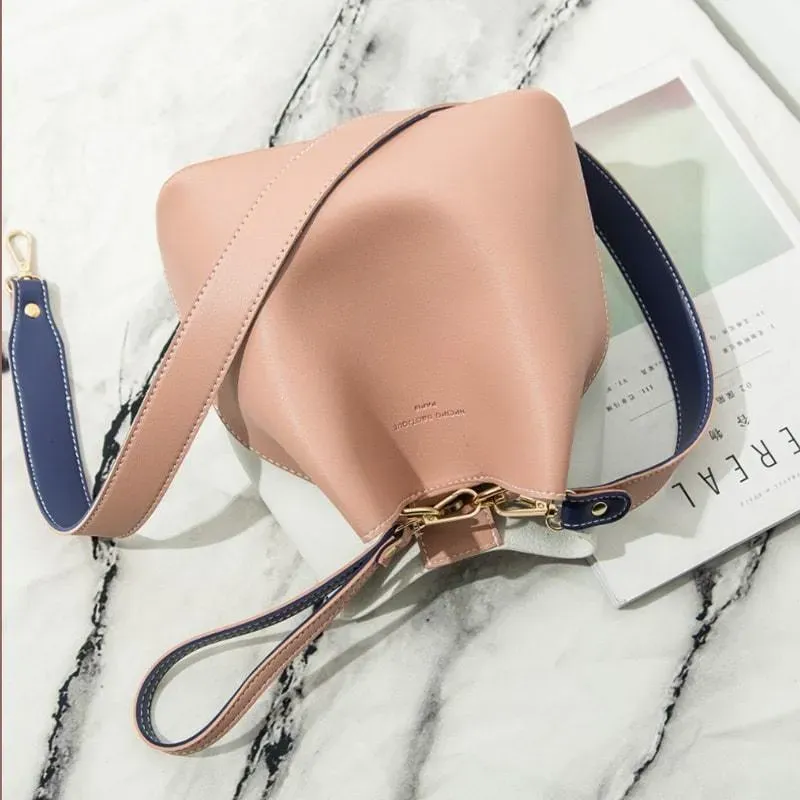 Women Fashion Color Blocking Patchwork PU Bucket Bag - Image 11