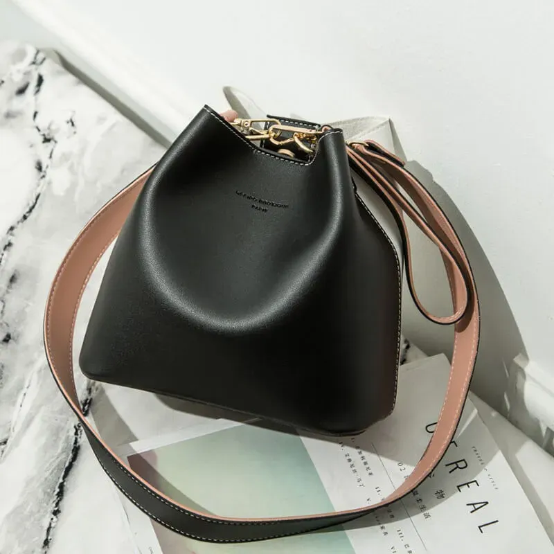 Women Fashion Color Blocking Patchwork PU Bucket Bag - Image 12