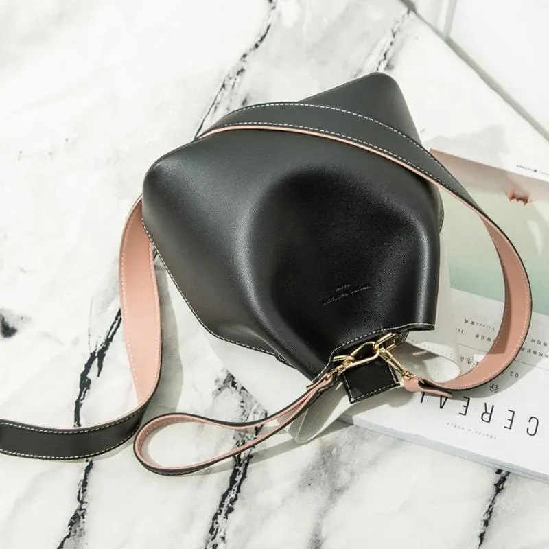 Women Fashion Color Blocking Patchwork PU Bucket Bag - Image 13