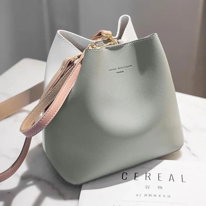 Women Fashion Color Blocking Patchwork PU Bucket Bag - Image 14