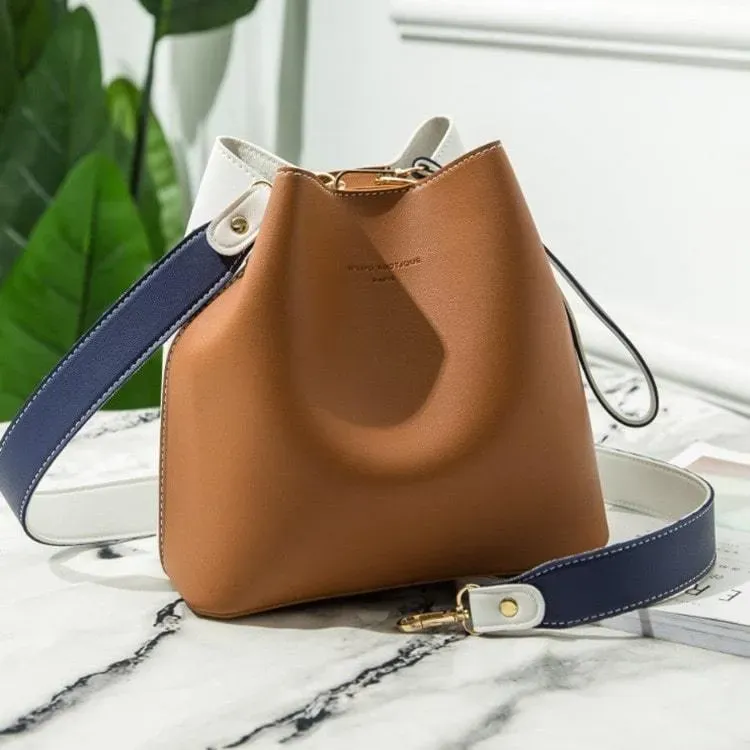 Women Fashion Color Blocking Patchwork PU Bucket Bag - Image 15