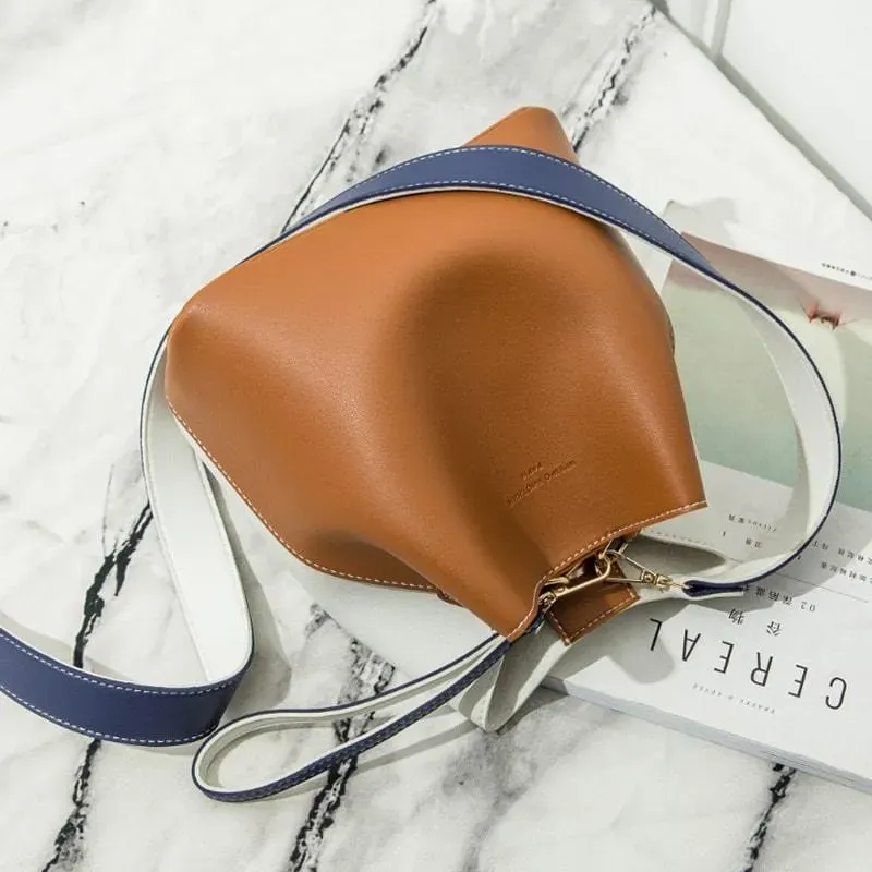 Women Fashion Color Blocking Patchwork PU Bucket Bag - Image 16