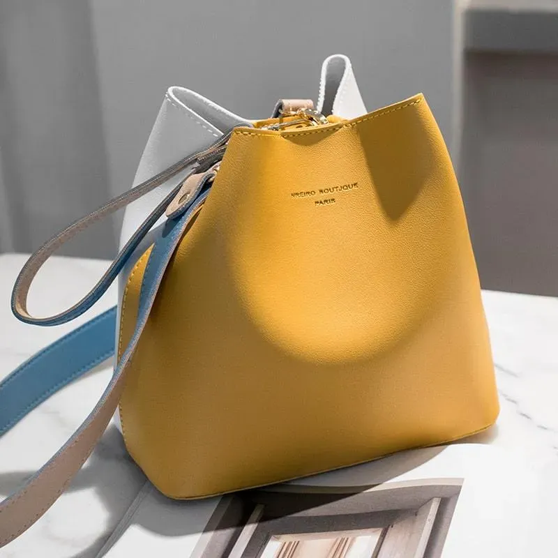 Women Fashion Color Blocking Patchwork PU Bucket Bag - Image 17