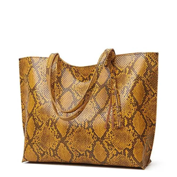 Women Fashion Snakeskin Print Large Capacity Tassel Tote Shoulder Bag - Image 3