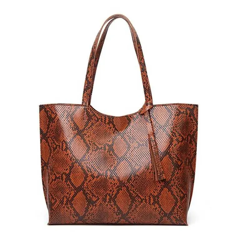 Women Fashion Snakeskin Print Large Capacity Tassel Tote Shoulder Bag - Image 10