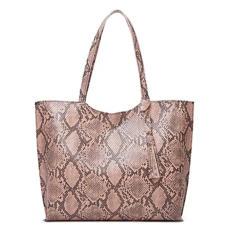 Women Fashion Snakeskin Print Large Capacity Tassel Tote Shoulder Bag - Image 11