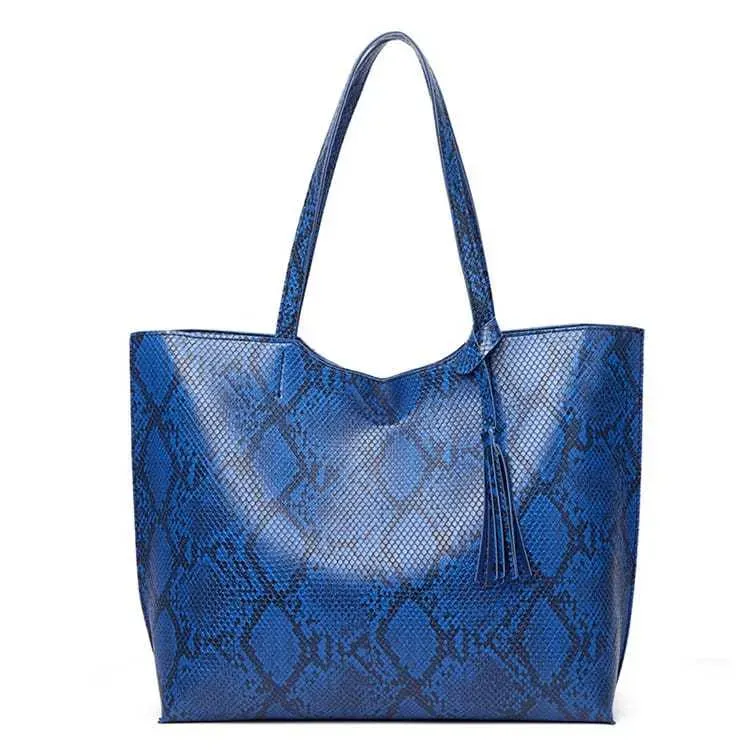 Women Fashion Snakeskin Print Large Capacity Tassel Tote Shoulder Bag - Image 12