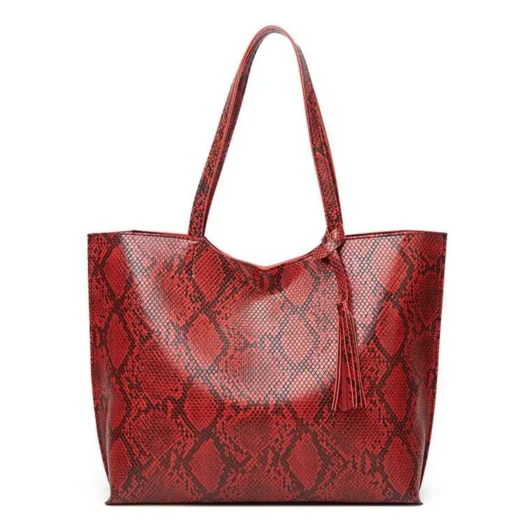 Women Fashion Snakeskin Print Large Capacity Tassel Tote Shoulder Bag - Image 13