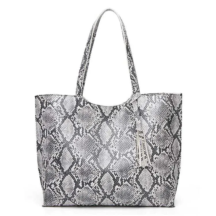 Women Fashion Snakeskin Print Large Capacity Tassel Tote Shoulder Bag - Image 14