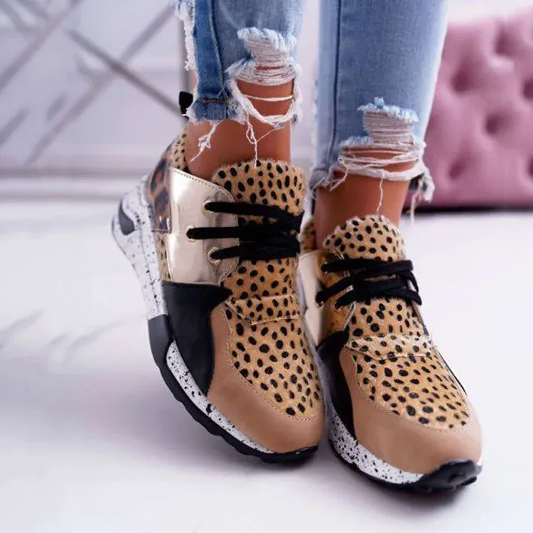 Size:4.5-11Women Casual Plus Size Leopard Printed Patchwork Lace Up Sneakers - Image 6