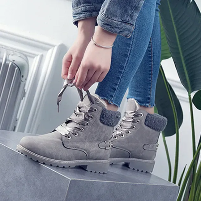 Size:5-12 Women Fashion Solid Color Fleece-Lined Lace-Up Short Boots - Image 10
