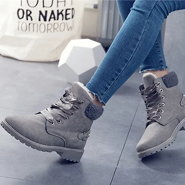 Size:5-12 Women Fashion Solid Color Fleece-Lined Lace-Up Short Boots - Image 11