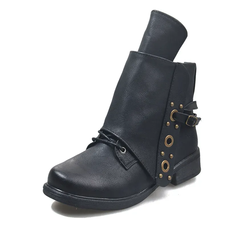 Size:4.5-11 Women Retro Solid Color Side Zipper Short Boots - Image 3