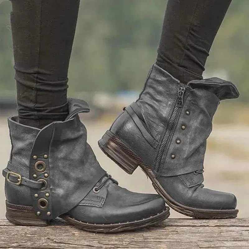Size:4.5-11 Women Retro Solid Color Side Zipper Short Boots - Image 5