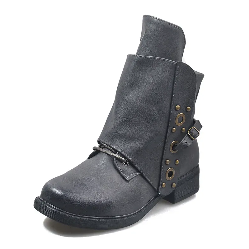 Size:4.5-11 Women Retro Solid Color Side Zipper Short Boots - Image 6