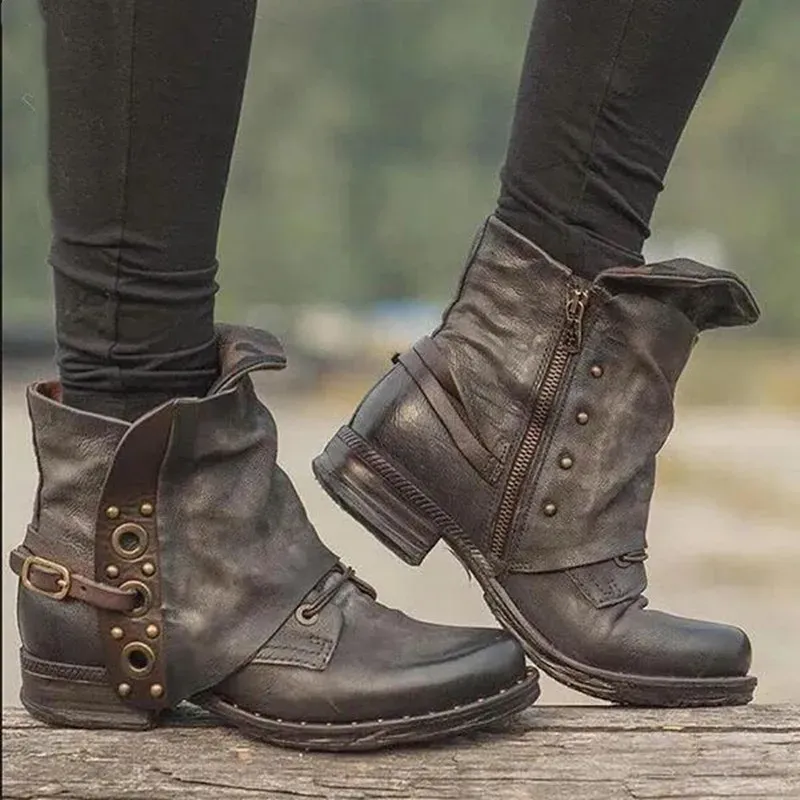 Size:4.5-11 Women Retro Solid Color Side Zipper Short Boots - Image 7
