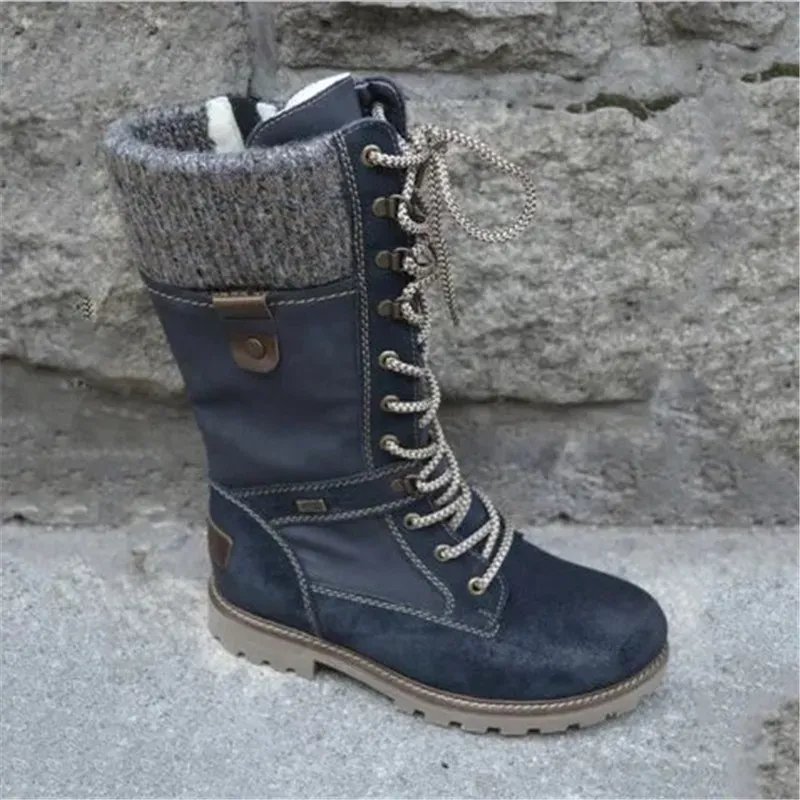 Size:4.5-11 Women Retro Knitted Lace-Up Zipper Mid-Calf Boots - Image 4