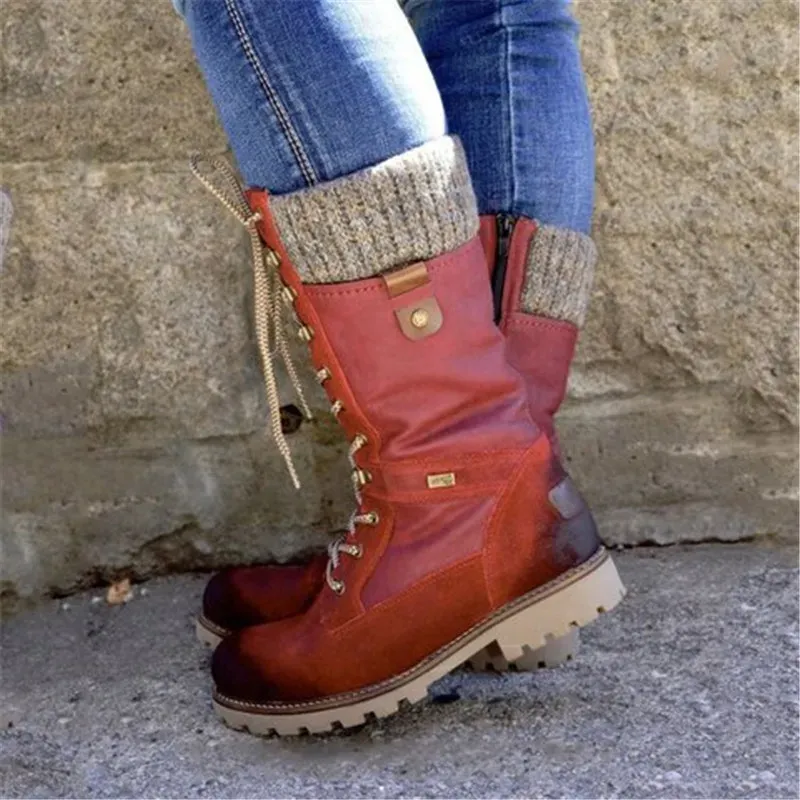 Size:4.5-11 Women Retro Knitted Lace-Up Zipper Mid-Calf Boots - Image 5