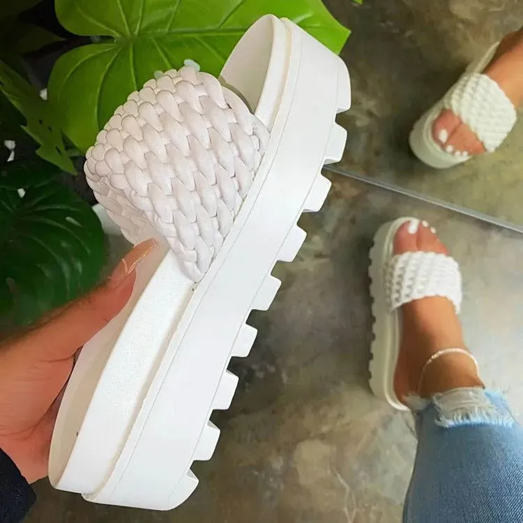Size:4.5-11 Women Plus Size Solid Color Thick-Soled Weave Slippers