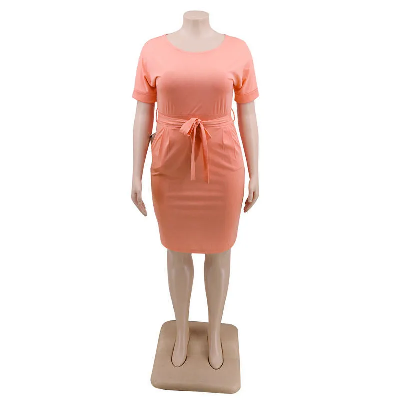 XL-5XL Women Plus Size Solid Color Sash Dresses - Image 3