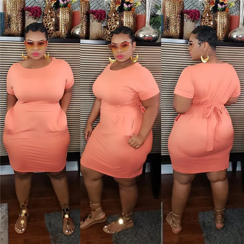 XL-5XL Women Plus Size Solid Color Sash Dresses - Image 6