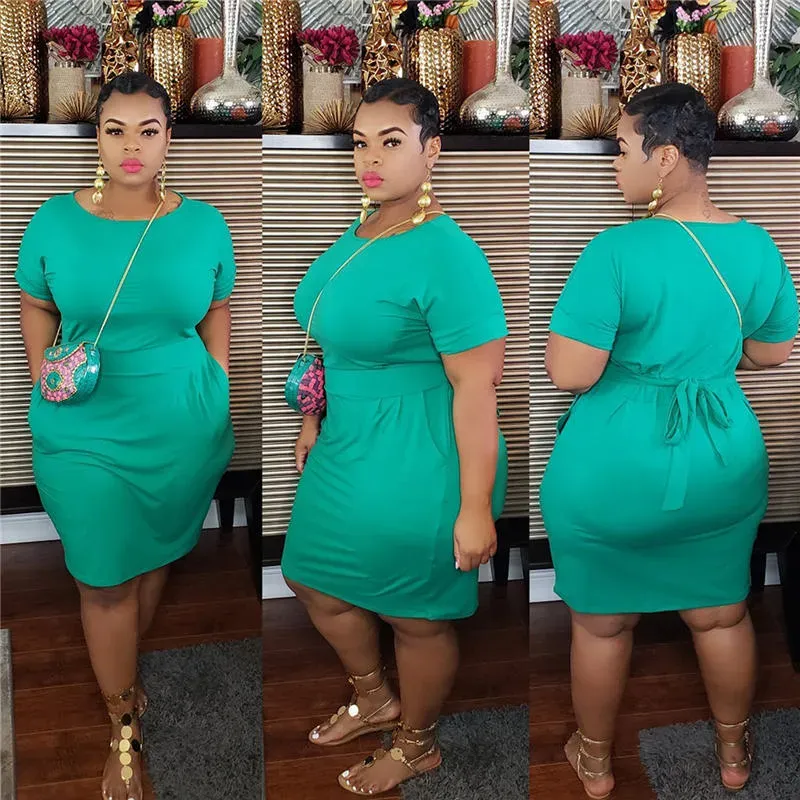 XL-5XL Women Plus Size Solid Color Sash Dresses - Image 8