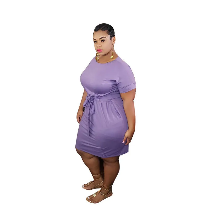 XL-5XL Women Plus Size Solid Color Sash Dresses - Image 9