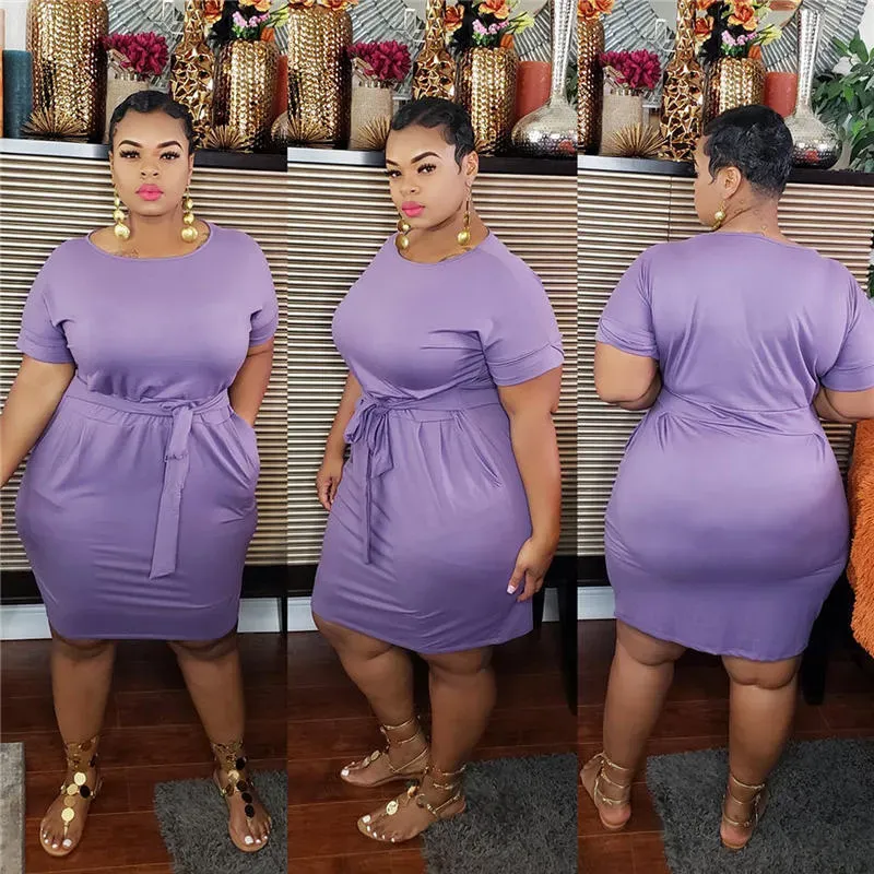 XL-5XL Women Plus Size Solid Color Sash Dresses - Image 10