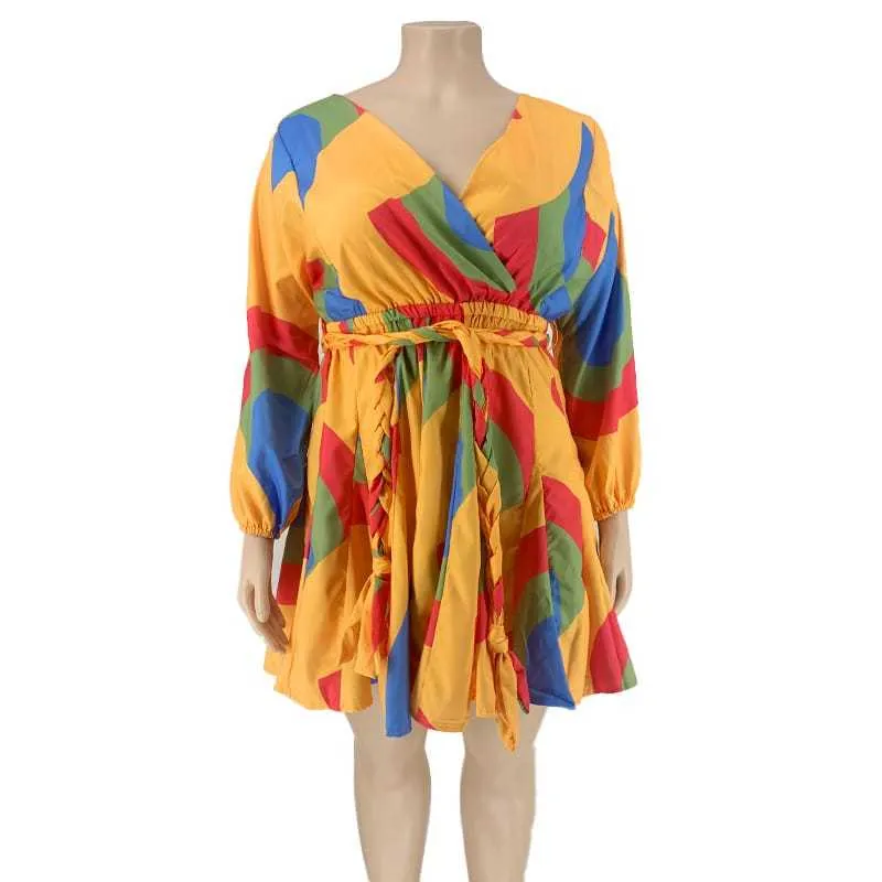 2XL-5XL Women Fashion Plus Size Deep V Geometric Print Long Sleeve Swing Dress - Image 12