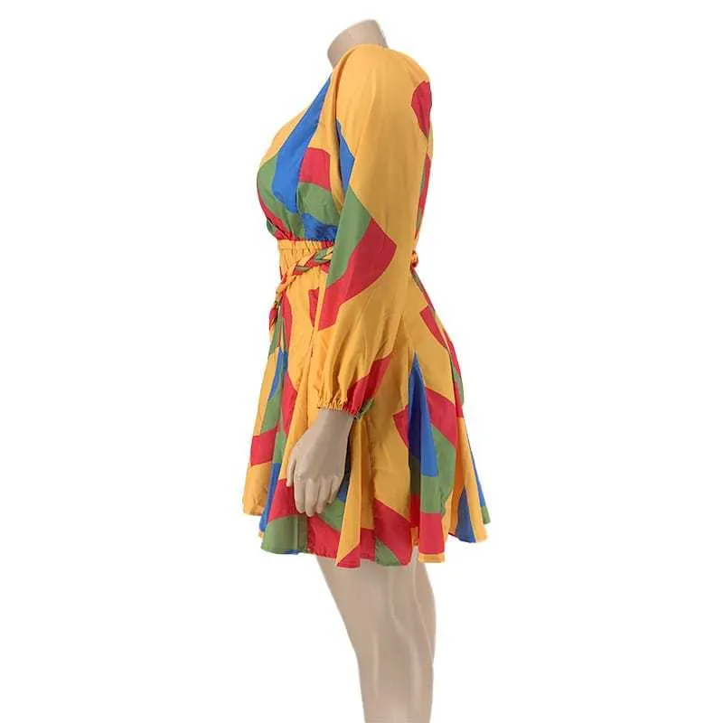 2XL-5XL Women Fashion Plus Size Deep V Geometric Print Long Sleeve Swing Dress - Image 13