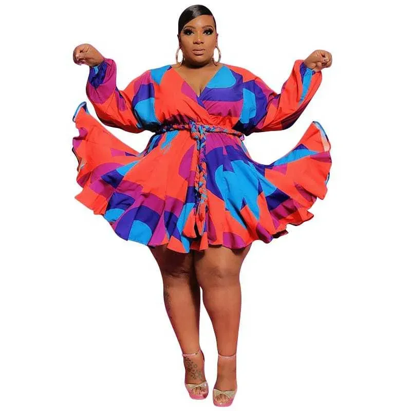 2XL-5XL Women Fashion Plus Size Deep V Geometric Print Long Sleeve Swing Dress - Image 16