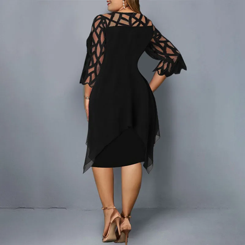L-6XL Women Plus Size Elegant Casual Solid Color Hollow Lace Communting Dating Midi Dress - Image 3