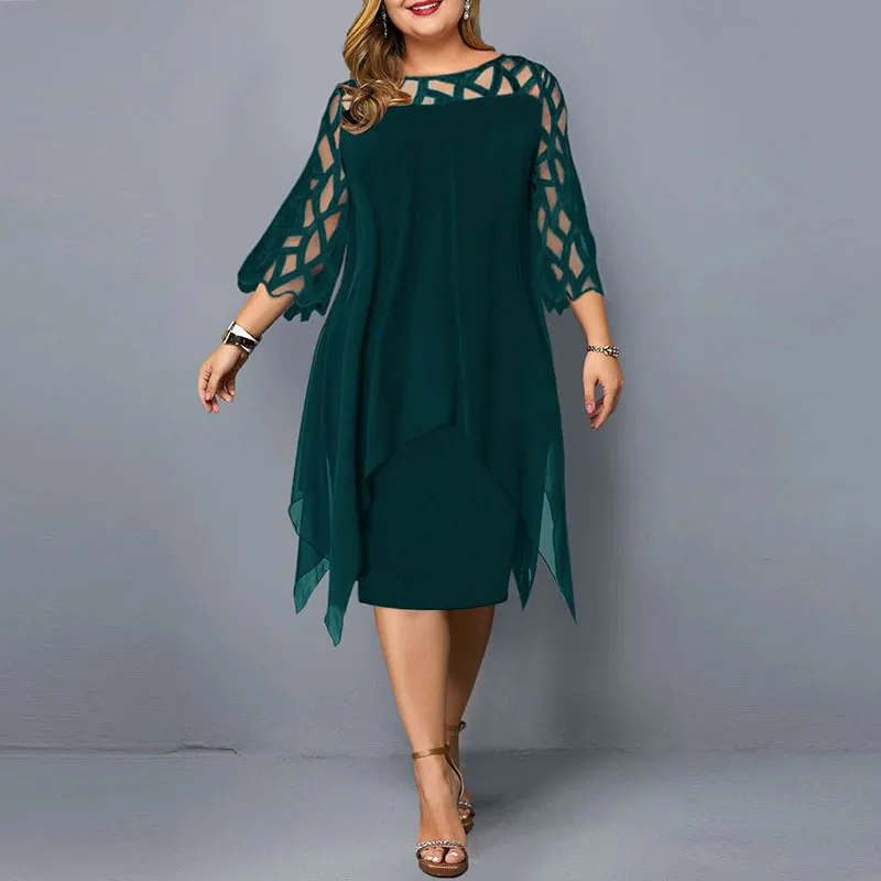 L-6XL Women Plus Size Elegant Casual Solid Color Hollow Lace Communting Dating Midi Dress - Image 5