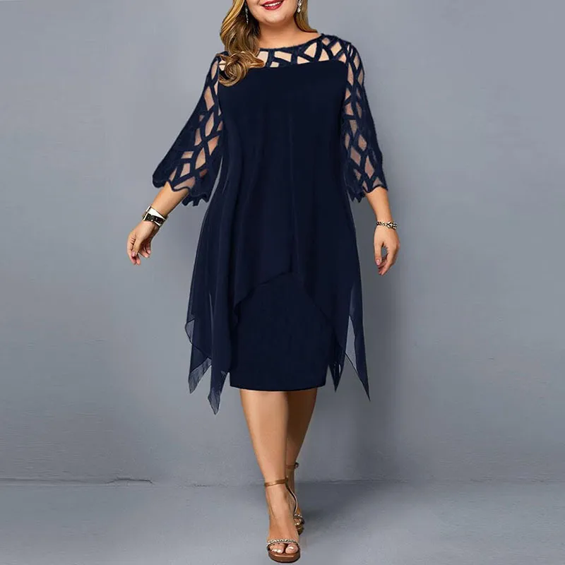 L-6XL Women Plus Size Elegant Casual Solid Color Hollow Lace Communting Dating Midi Dress - Image 7