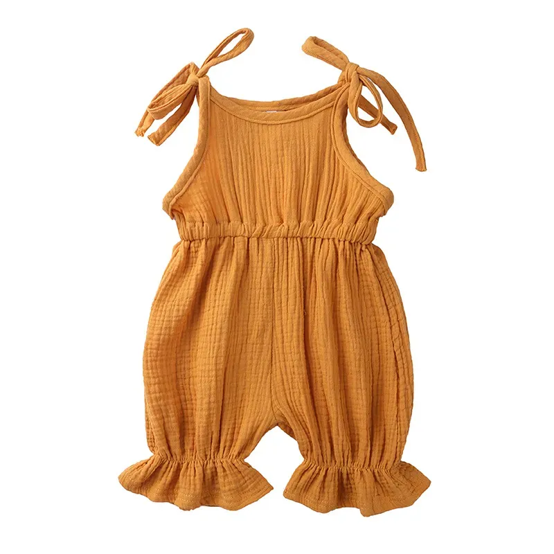 Wholesale Baby Girls Crease Solid Color Lace-up Romper - Image 37