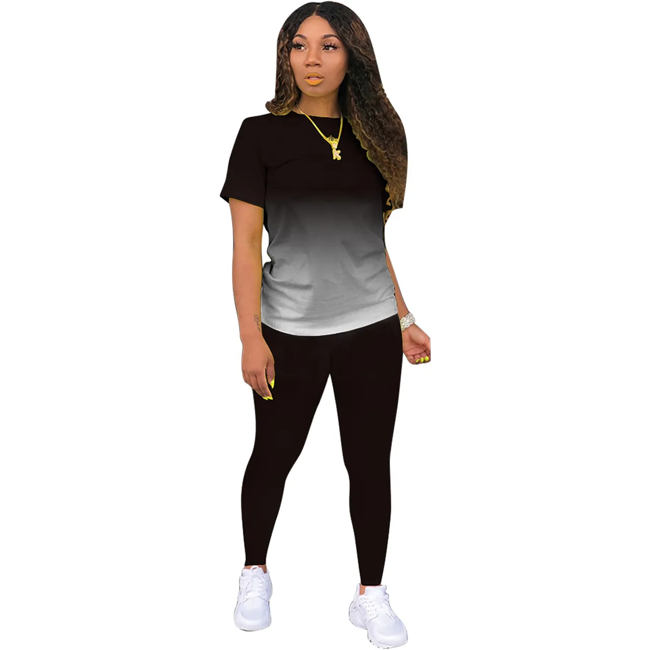 Athleisure Women Casual Athleisure Short Sleeve Round Neck Gradient Color Top And Solid Color Pants Two-piece Set - Image 8