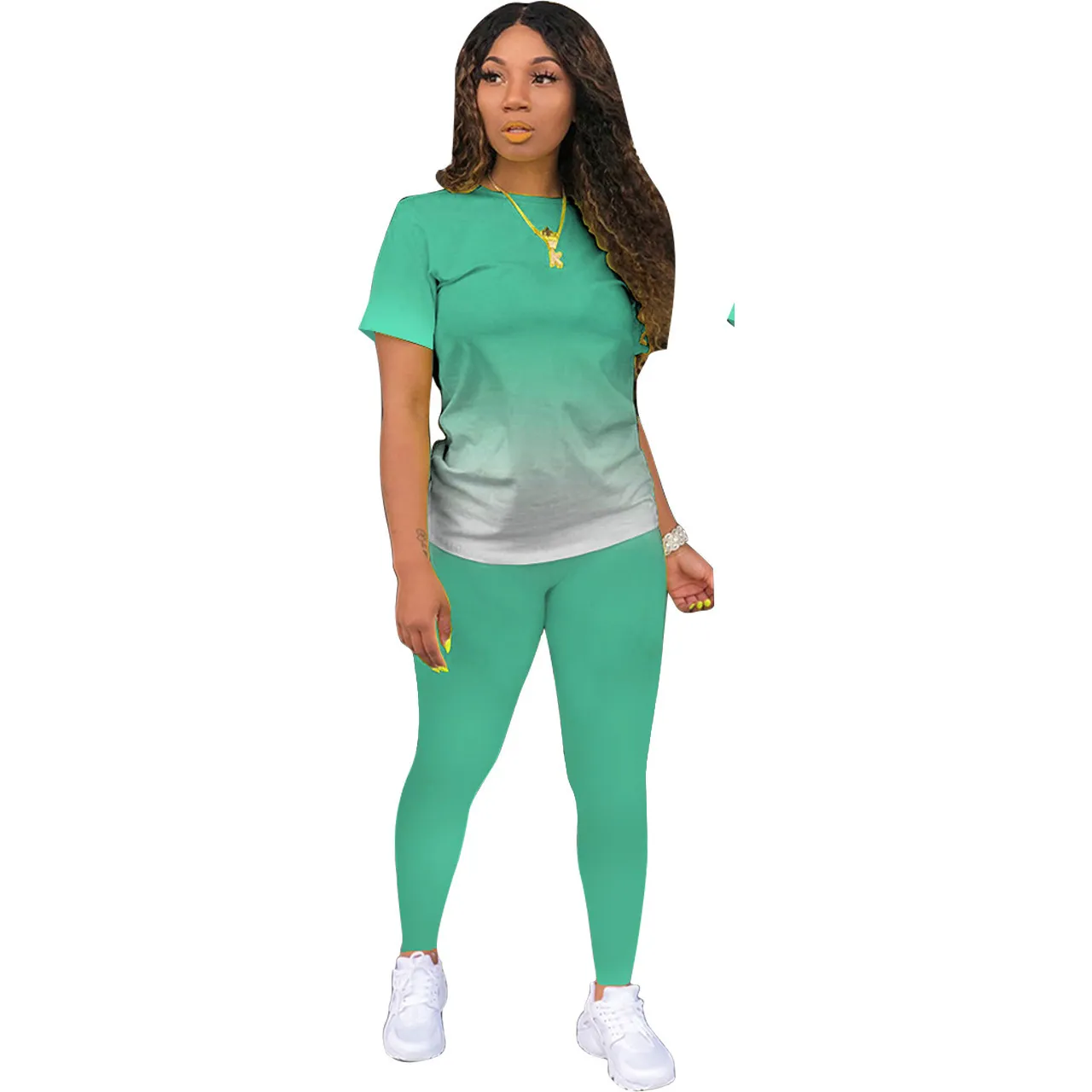 Athleisure Women Casual Athleisure Short Sleeve Round Neck Gradient Color Top And Solid Color Pants Two-piece Set - Image 13