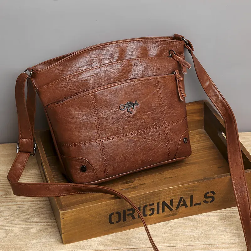 Women Vintage Multi Pocket Design Solid Color Large Capacity Shoulder Handle Tote Bag
