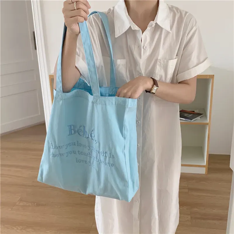 Embroidered Women Casual Design Solid Color Letter Pattern Canvas Large Capacity Shoulder Handle Tote Bag - Image 3