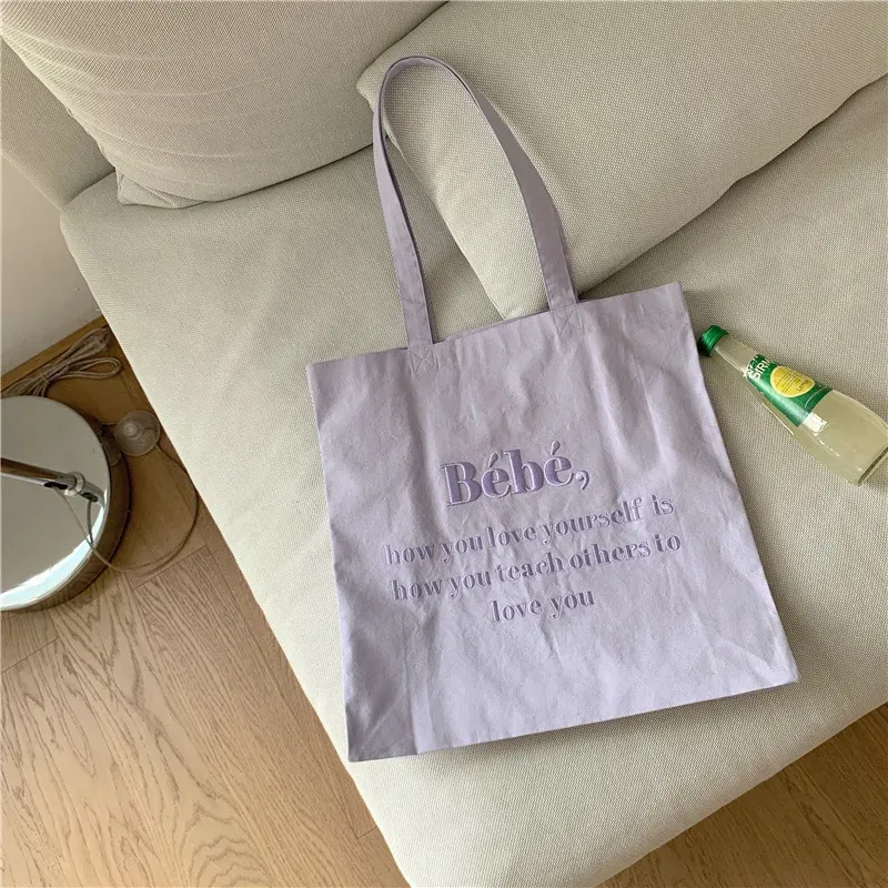 Embroidered Women Casual Design Solid Color Letter Pattern Canvas Large Capacity Shoulder Handle Tote Bag - Image 6