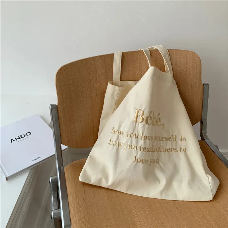 Embroidered Women Casual Design Solid Color Letter Pattern Canvas Large Capacity Shoulder Handle Tote Bag - Image 7