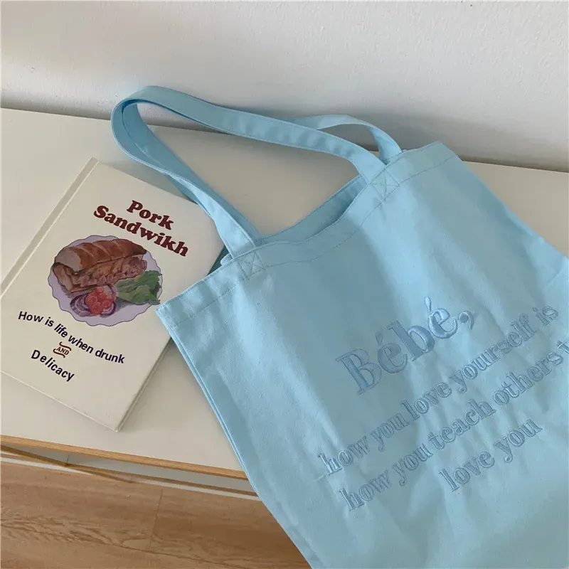 Embroidered Women Casual Design Solid Color Letter Pattern Canvas Large Capacity Shoulder Handle Tote Bag - Image 8