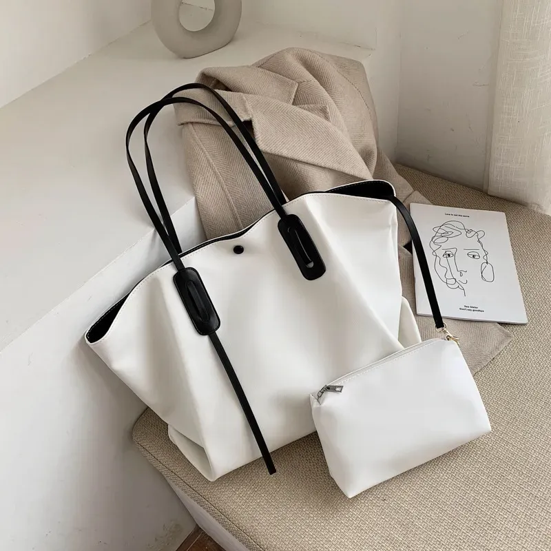 2 In 1 Women Casual Design Solid Color Large Capacity Shoulder Handle Bag