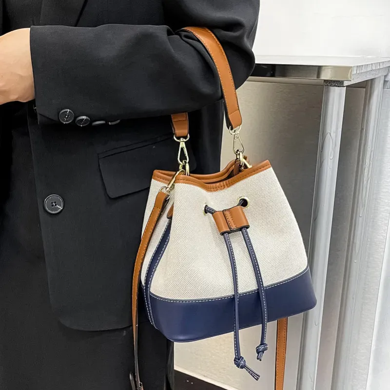Women Vintage Design Color Blocking Large Capacity Bucket Drawstring Shoulder Handle Bag