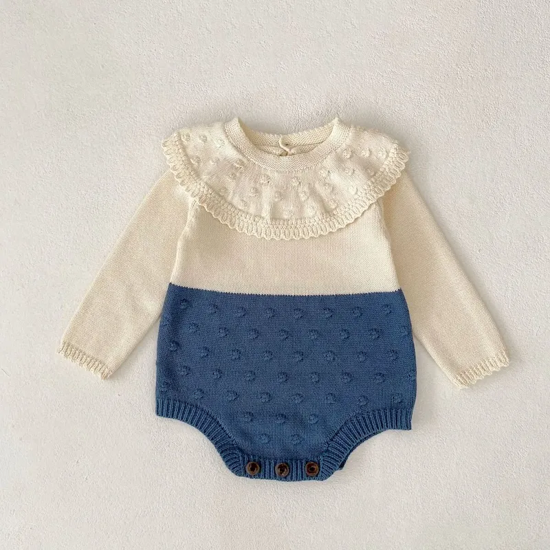 Wholesale Kids Baby Boys And Girls Autumn Contrast Color Lapel Long Sleeve Knitted Rompers